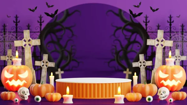Rendering Illustrazione Disegno Podio Banner Halloween Con Zucca Crocifisso Teschio — Foto Stock