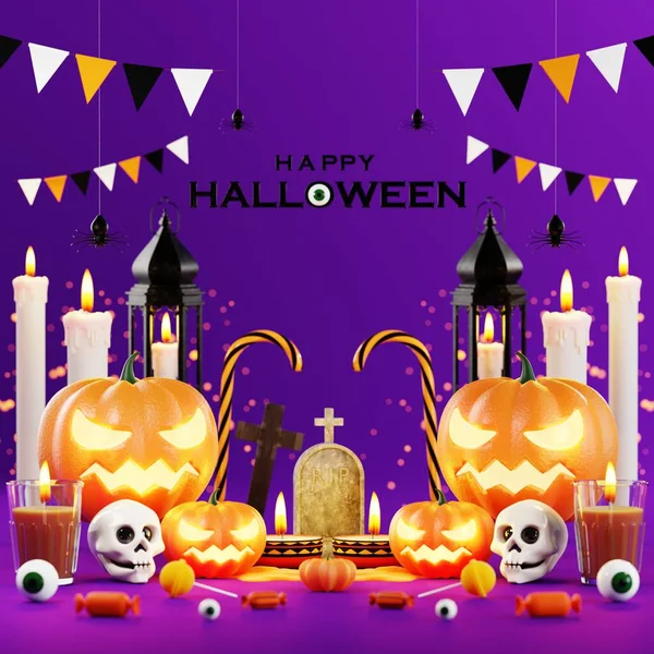 Weergave Illustratie Ontwerp Voor Halloween Banner Met Pompoen Crucifix Schedel — Stockfoto
