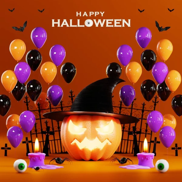 Renderelés Illusztráció Design Halloween Banner Sütőtök Feszület Koponya Gyertya Cukorka — Stock Fotó