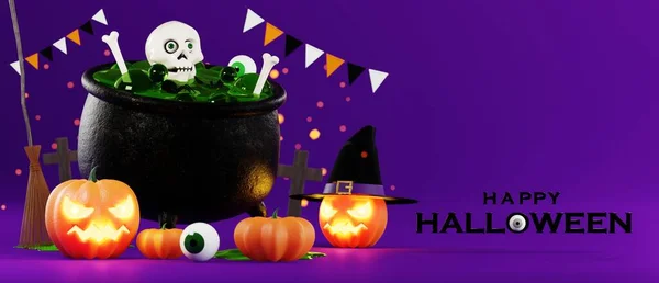 Renderelés Illusztráció Design Halloween Banner Sütőtök Feszület Koponya Gyertya Cukorka — Stock Fotó