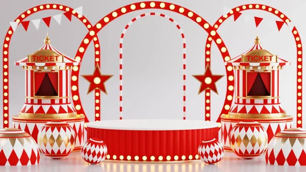 3D rendering for amusement park, circus, carnival fair theme podium with many rides and shops circus tent 3d illustration