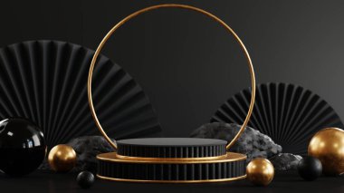 Kara Cuma satışı için 3D sunum. Gerçekçi 3D tasarım sahne podyumu, yuvarlak stüdyo, altın neon ışıklar, hediye kutusu siyah, kırmızı fiyonk, alışveriş çantası, büyük yüzde indirim.