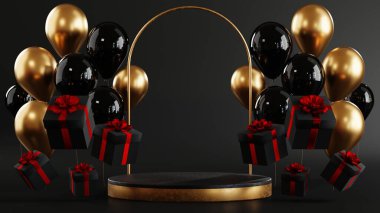 Kara Cuma satışı için 3D sunum. Gerçekçi 3D tasarım sahne podyumu, yuvarlak stüdyo, altın neon ışıklar, hediye kutusu siyah, kırmızı fiyonk, alışveriş çantası, büyük yüzde indirim.