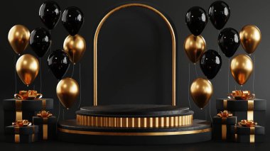 Kara Cuma satışı için 3D sunum. Gerçekçi 3D tasarım sahne podyumu, yuvarlak stüdyo, altın neon ışıklar, hediye kutusu siyah, kırmızı fiyonk, alışveriş çantası, büyük yüzde indirim.