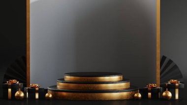 Kara Cuma satışı için 3D sunum. Gerçekçi 3D tasarım sahne podyumu, yuvarlak stüdyo, altın neon ışıklar, hediye kutusu siyah, kırmızı fiyonk, alışveriş çantası, büyük yüzde indirim.