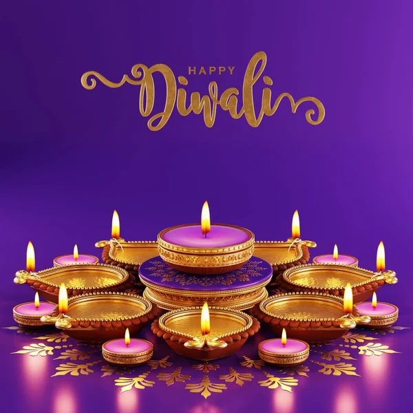 为Diwali节 Deepavali节或Dipavali节3D渲染带有金黄色图案的独立灯节背景 — 图库照片