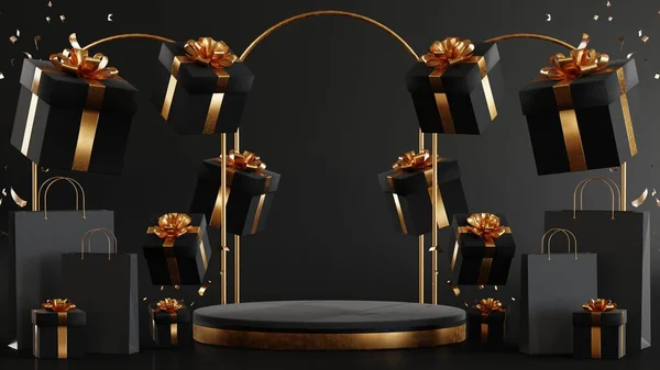 3D rendering podium for black friday sale. realistic 3d design stage podium, round studio, gold neon lights, gift box black, red bow, shopping bag, big percent label discount.