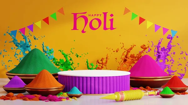 ホリ祭りのための3Dレンダリングイラスト2024カラフルなワタール パウダーカラー ガラルシューティングガン 幸せなホリの背景のためのインドの祭り — ストック写真