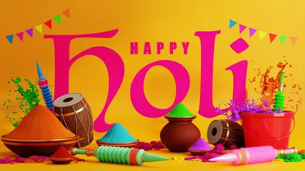 ホリ祭りのための3Dレンダリングイラスト2024カラフルなワタール パウダーカラー ガラルシューティングガン 幸せなホリの背景のためのインドの祭り — ストック写真