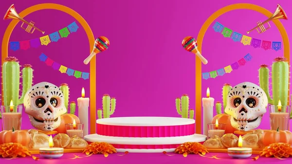 死者の日のための3Dレンダリングイラスト ディア ムエルトの祭壇コンセプト かわいい砂糖の頭蓋骨 白いろうそく 死者のマリゴールドの花の構成 3Dイラスト 2024 — ストック写真
