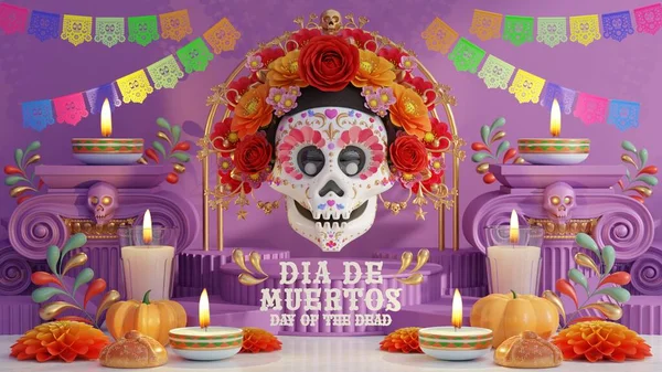 Rendering Illustration Day Dead Dia Muertos Altar Concept Composition Cute — Stock Photo, Image