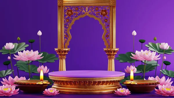 3D rendering  podium for diwali festival Diwali, Deepavali or Dipavali the festival of lights india with gold diya on podium, product, promotion sale, presentation pedestal 3d rendering on background 2024