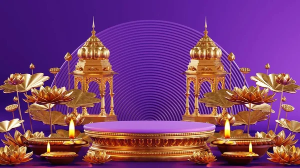 3D rendering  podium for diwali festival Diwali, Deepavali or Dipavali the festival of lights india with gold diya on podium, product, promotion sale, presentation pedestal 3d rendering on background 2024