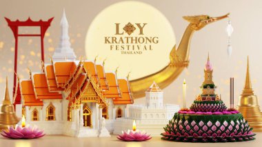 3D illüstrasyon Loy Krathong festivali ve Yi Peng festivali Tayland 'da muz yaprakları, çiçekler, mumlar ve tütsü çubukları, dolunay, nehir ve gece arkaplan renklerinden yapılmıştır..