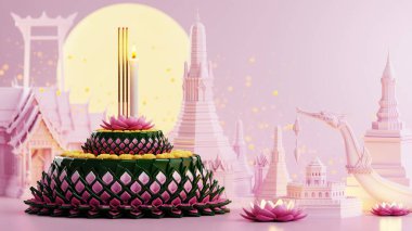 3D illüstrasyon Loy Krathong festivali ve Yi Peng festivali Tayland 'da muz yaprakları, çiçekler, mumlar ve tütsü çubukları, dolunay, nehir ve gece arkaplan renklerinden yapılmıştır..