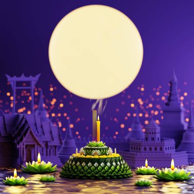 3D illüstrasyon Loy Krathong festivali ve Yi Peng festivali Tayland 'da muz yaprakları, çiçekler, mumlar ve tütsü çubukları, dolunay, nehir ve gece arkaplan renklerinden yapılmıştır..
