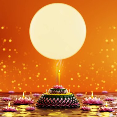 3D illüstrasyon Loy Krathong festivali ve Yi Peng festivali Tayland 'da muz yaprakları, çiçekler, mumlar ve tütsü çubukları, dolunay, nehir ve gece arkaplan renklerinden yapılmıştır..