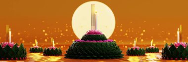 3D illüstrasyon Loy Krathong festivali ve Yi Peng festivali Tayland 'da muz yaprakları, çiçekler, mumlar ve tütsü çubukları, dolunay, nehir ve gece arkaplan renklerinden yapılmıştır..