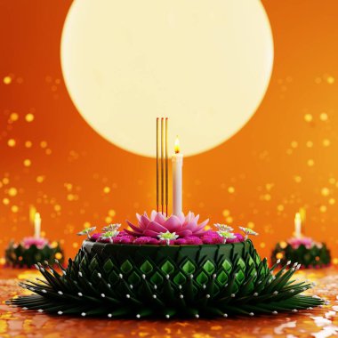 3D illüstrasyon Loy Krathong festivali ve Yi Peng festivali Tayland 'da muz yaprakları, çiçekler, mumlar ve tütsü çubukları, dolunay, nehir ve gece arkaplan renklerinden yapılmıştır..