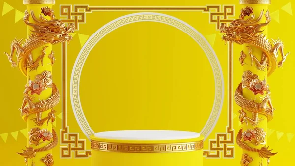 3d illustration  chinese vegetarian festival, Nine Emperor gods festival, kin J, 3d products podium with yellow and chinese detail elements  on background color .