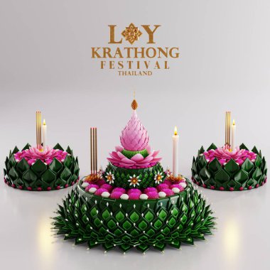 3D illüstrasyon Loy Krathong festivali ve Yi Peng festivali Tayland 'da muz yaprakları, çiçekler, mumlar ve tütsü çubukları, dolunay, nehir ve gece arkaplan renklerinden yapılmıştır. 2023