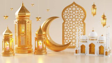 3d Ramazan Kareem podyumu, altın ay yıldızı ve fener, caminin kapısı İslami desenli, Arap kahvesi demliği, hurma meyvesi, lüks İslami arka plan olarak podyum. Ramazan Kareem için dekorasyon.