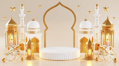 3d Ramazan Kareem podyumu, altın ay yıldızı ve fener, caminin kapısı İslami desenli, Arap kahvesi demliği, hurma meyvesi, lüks İslami arka plan olarak podyum. Ramazan Kareem için dekorasyon.