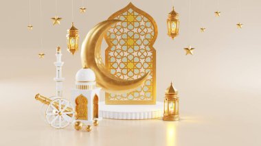 3d Ramazan Kareem podyumu, altın ay yıldızı ve fener, caminin kapısı İslami desenli, Arap kahvesi demliği, hurma meyvesi, lüks İslami arka plan olarak podyum. Ramazan Kareem için dekorasyon.