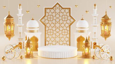 3d Ramazan Kareem podyumu, altın ay yıldızı ve fener, caminin kapısı İslami desenli, Arap kahvesi demliği, hurma meyvesi, lüks İslami arka plan olarak podyum. Ramazan Kareem için dekorasyon.