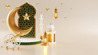 3d Ramazan Kareem podyumu, altın ay yıldızı ve fener, caminin kapısı İslami desenli, Arap kahvesi demliği, hurma meyvesi, lüks İslami arka plan olarak podyum. Ramazan Kareem için dekorasyon.
