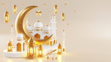 3d Ramazan Kareem podyumu, altın ay yıldızı ve fener, caminin kapısı İslami desenli, Arap kahvesi demliği, hurma meyvesi, lüks İslami arka plan olarak podyum. Ramazan Kareem için dekorasyon.