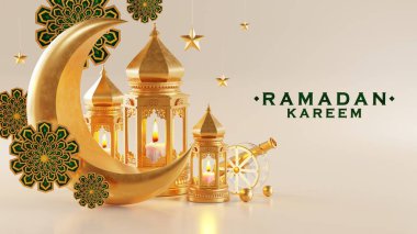 3d Ramazan Kareem podyumu, altın ay yıldızı ve fener, caminin kapısı İslami desenli, Arap kahvesi demliği, hurma meyvesi, lüks İslami arka plan olarak podyum. Ramazan Kareem için dekorasyon.