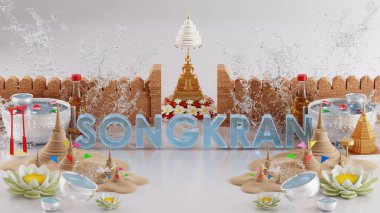 Tayland Su Festivali 3D 'nin Songkran festivali arka planında mavi su sıçraması ve Tayland mimarisi ile 3D resimleme. (Tercümesi: Songkran Tayland )