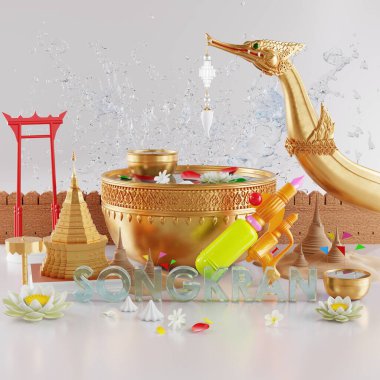 Tayland Su Festivali 3D 'nin Songkran festivali arka planında mavi su sıçraması ve Tayland mimarisi ile 3D resimleme. (Tercümesi: Songkran Tayland )