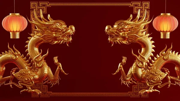 3d rendering illustration for happy chinese new year 2024 the dragon zodiac sign with flower, lantern, asian elements, red and gold on background. ( Translation :  year of the dragon 2024