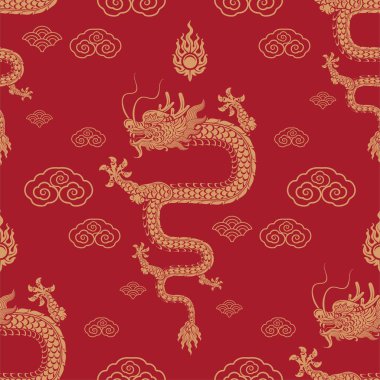 Kusursuz desenli mutlu Çin Yeni Yılı 2024. Ejderha burcu tabelası. Üzerinde Asyalı elementlerin kağıt kesimi tarzı var. çeviri: mutlu yıllar ejderhanın 2024 yılı )
