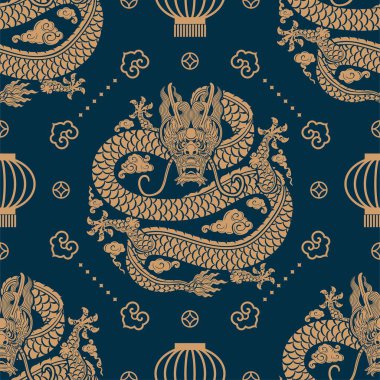 Kusursuz desenli mutlu Çin Yeni Yılı 2024. Ejderha burcu tabelası. Üzerinde Asyalı elementlerin kağıt kesimi tarzı var. çeviri: mutlu yıllar ejderhanın 2024 yılı )