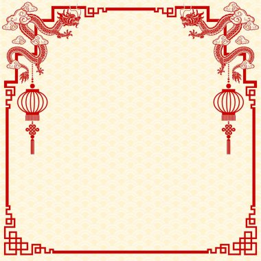 Mutlu Çin Yeni Yılı için Çin çerçeve sınırı 2024 ejderha burcunun çiçek, fener, Asya elementleri altın ve kırmızı kağıt kesim tarzı arka plan. 