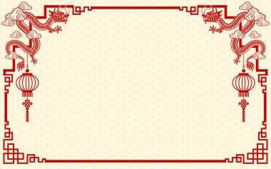 Mutlu Çin Yeni Yılı için Çin çerçeve sınırı 2024 ejderha burcunun çiçek, fener, Asya elementleri altın ve kırmızı kağıt kesim tarzı arka plan. 