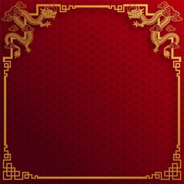 Mutlu Çin Yeni Yılı için Çin çerçeve sınırı 2024 ejderha burcunun çiçek, fener, Asya elementleri altın ve kırmızı kağıt kesim tarzı arka plan. 