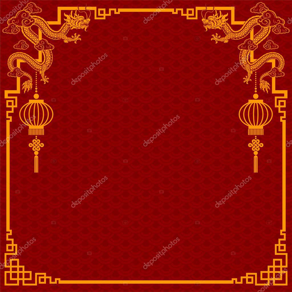 Chinese frame border for happy chinese new year 2024 year of the dragon zodiac sign with flower,lantern,asian elements gold and red paper cut style on color background.