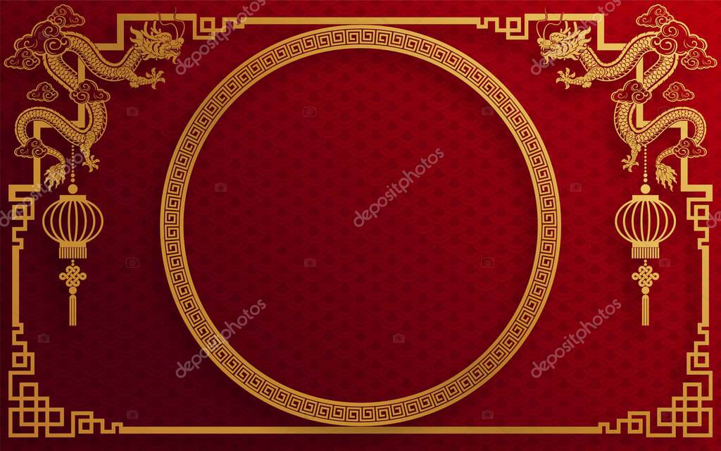 Chinese frame border for happy chinese new year 2024 year of the dragon zodiac sign with flower,lantern,asian elements gold and red paper cut style on color background.