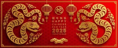 Mutlu Çin Yeni Yılı 2025 yılı çiçek, fener, Asya elementleri kırmızı ve altın renkli geleneksel kağıt kesim stili. (Çevirisi: Mutlu yıllar 2025 yılan zodyak )