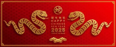 Mutlu Çin Yeni Yılı 2025 yılı çiçek, fener, Asya elementleri kırmızı ve altın renkli geleneksel kağıt kesim stili. (Çevirisi: Mutlu yıllar 2025 yılan zodyak )