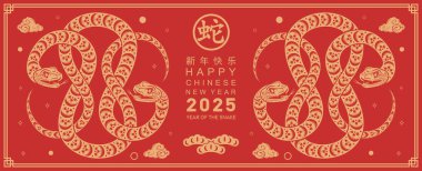 Mutlu Çin Yeni Yılı 2025 yılı çiçek, fener, Asya elementleri kırmızı ve altın renkli geleneksel kağıt kesim stili. (Çevirisi: Mutlu yıllar 2025 yılan zodyak )