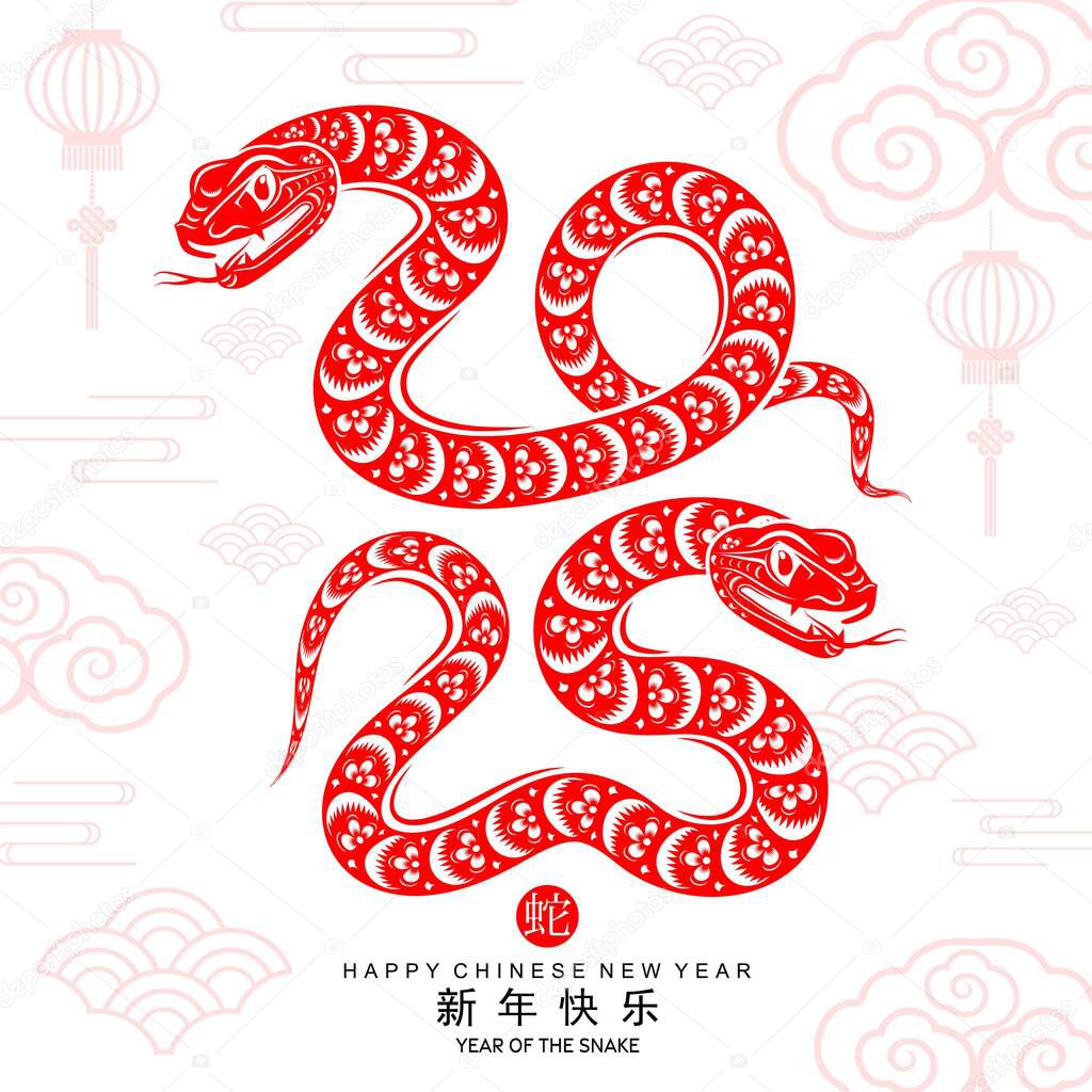 Happy chinese new year 2025 the snake zodiac sign with flower,lantern,asian elements red paper cut style on color background. ( Translation : happy new year 2025 year of the snake )