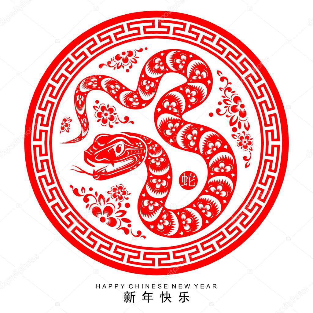 Happy chinese new year 2025 the snake zodiac sign with flower,lantern,asian elements red paper cut style on color background. ( Translation : happy new year 2025 year of the snake )