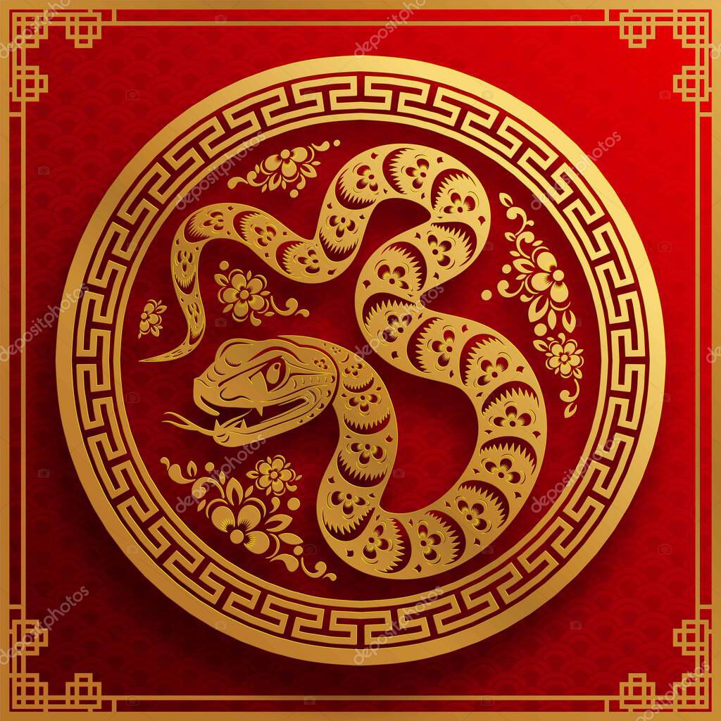 Happy chinese new year 2025 year of the snake with flower,lantern,asian elements red and gold traditional paper cut style on color background. (Translation : happy new year 2025 the snake zodiac )