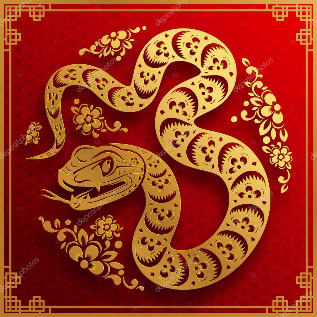 Happy chinese new year 2025 year of the snake with flower,lantern,asian elements red and gold traditional paper cut style on color background. (Translation : happy new year 2025 the snake zodiac )