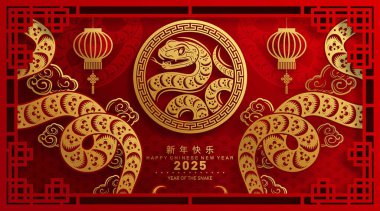 Mutlu Çin Yeni Yılı 2025 yılı çiçek, fener, Asya elementleri kırmızı ve altın renkli geleneksel kağıt kesim stili. (Çevirisi: Mutlu yıllar 2025 yılan zodyak )